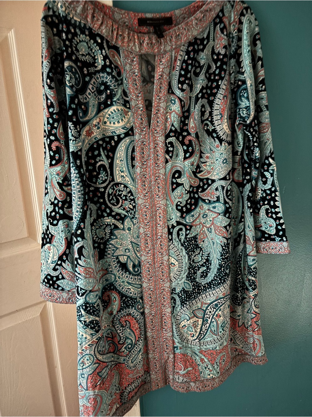 BCBGMaxAzria Black Paisley Long-Sleeve Tunic Dress with Teal and Coral Accents
